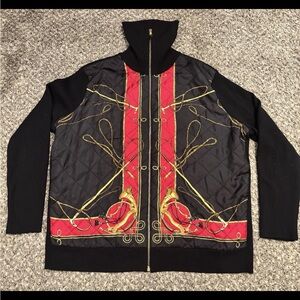 LaurenRalph Lauren 2XL Jacket Sweater Equestrian Full Zip Quilted Black Red Gold